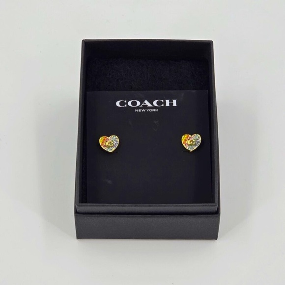 New Coach Pave Heart Stud Earrings Logo Gold Multicolor NWT - Picture 5 of 6